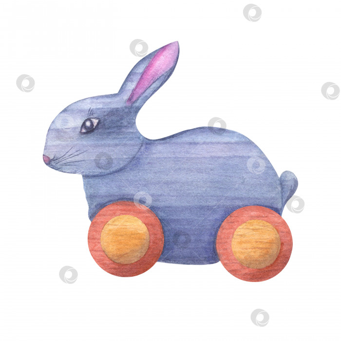 Скачать Акварельная иллюстрация маленького деревянного зайца, изолированного на белом фоне. Детские игрушки из экологически чистых материалов. Принт, плакат, фон, декор детской комнаты, обои, упаковка. фотосток Ozero