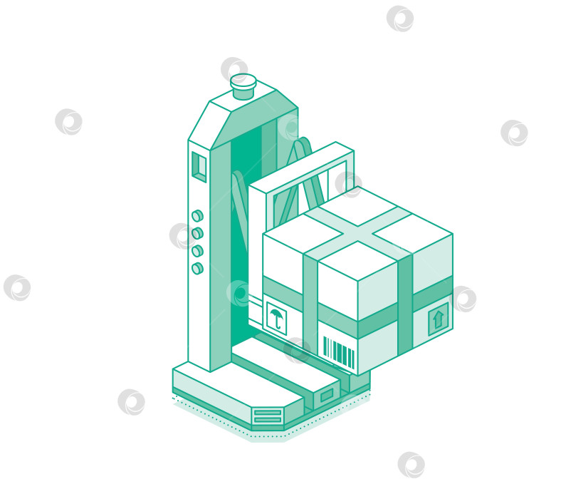 Скачать Роботизированный вилочный погрузчик изометрической формы, поднимающий грузовой бокс. Концепция автоматизированного склада и логистики. Иллюстрация. Объект, выделенный на белом фоне. фотосток Ozero
