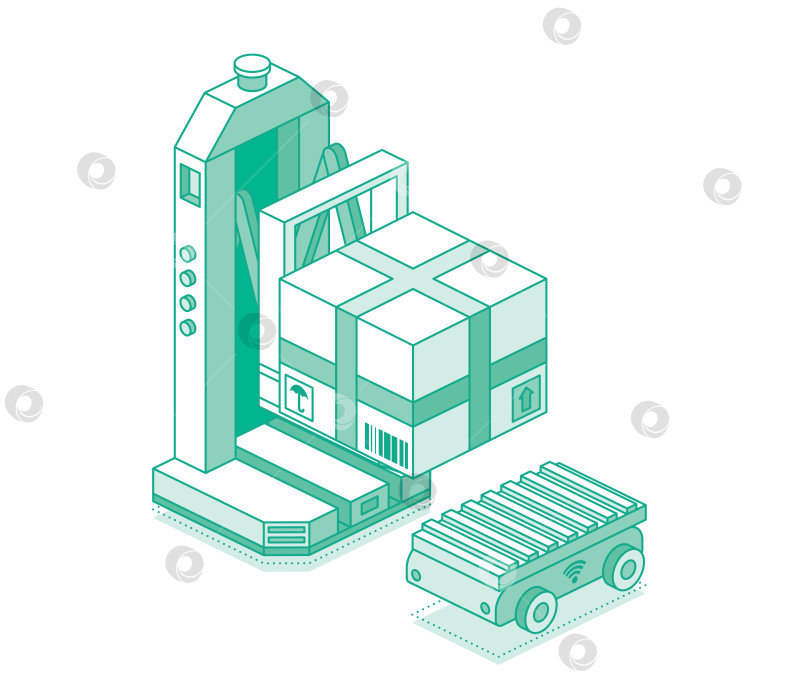 Скачать Автономный робот-погрузчик изометрической формы, работающий с мобильным роботом AMR. Концепция автоматизации интеллектуального склада и логистики с использованием искусственного интеллекта. Иллюстрация. Робот для ФМР. фотосток Ozero