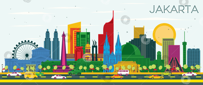 Скачать Горизонт индонезийского города Джакарта с цветными зданиями и голубым небом. Иллюстрация. Концепция деловых поездок и туризма с исторической и современной архитектурой. Городской пейзаж Джакарты с достопримечательностями. фотосток Ozero