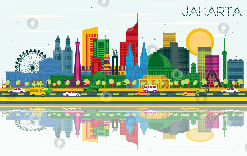 Скачать Джакарта, Индонезия, городской пейзаж с цветными зданиями, голубым небом и отражениями. Концепция деловых поездок и туризма с исторической и современной архитектурой. Городской пейзаж Джакарты с достопримечательностями. фотосток Ozero