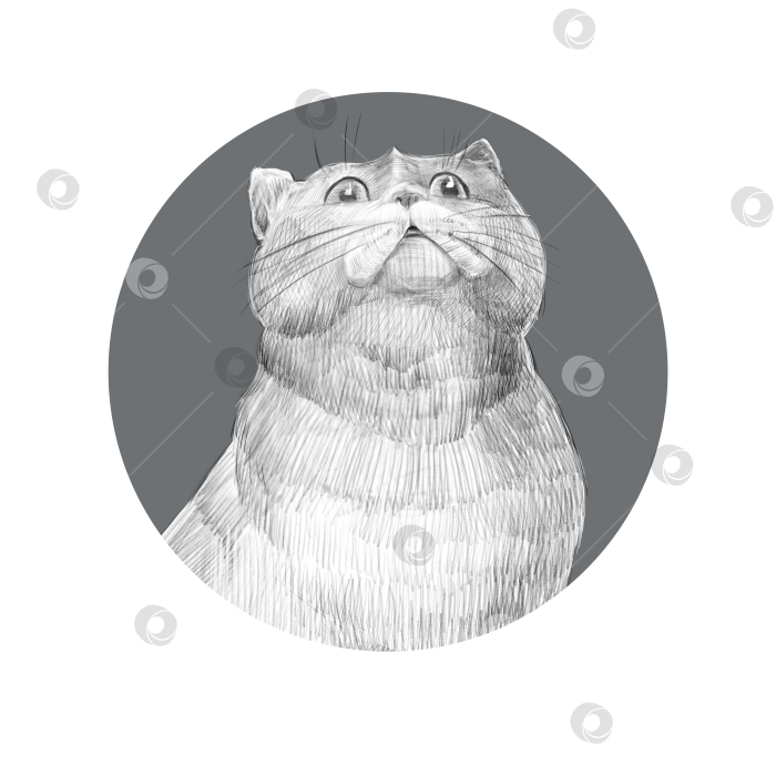 Скачать Портрет пушистой кошки, выполненный в стиле карандашного наброска, с любопытным выражением лица смотрящей вверх. Кошка размещена на сером круглом фоне. Монохромная иллюстрация, подходящая для печати или брендирования. фотосток Ozero
