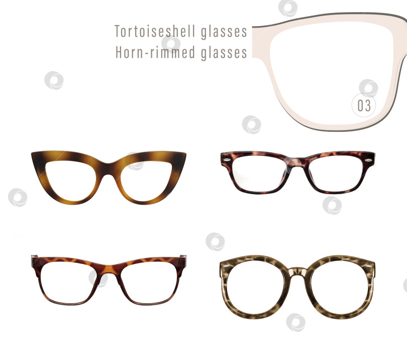 Скачать Набор очков в черепаховой оправе и роговой оправе, выделенных на белом фоне, для нанесения на портрет фотосток Ozero
