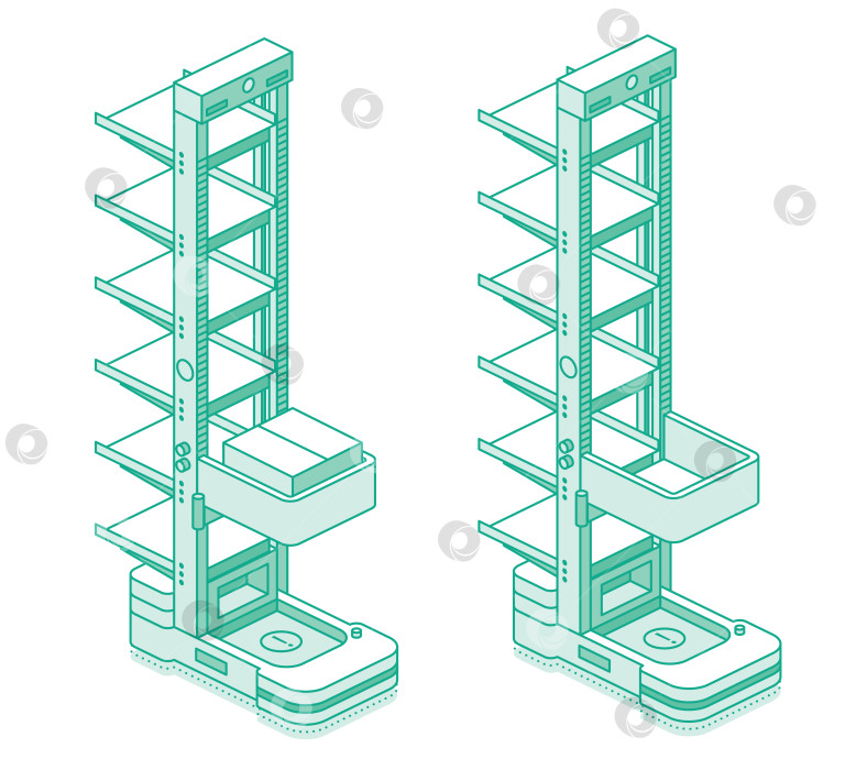 Скачать Изометрический автономный вертикальный складской робот ACR или CTU для систем хранения и выдачи грузов. Интеллектуальная автоматизация склада и логистика с использованием искусственного интеллекта. Иллюстрация. Стиль контура. Объекты выделены белым цветом. фотосток Ozero