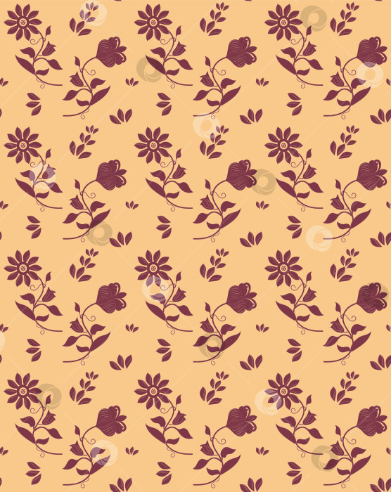 Скачать Необычные, нарисованные от руки цветы с бордовыми листьями на желтом фоне образуют бесшовный векторный узор. фотосток Ozero