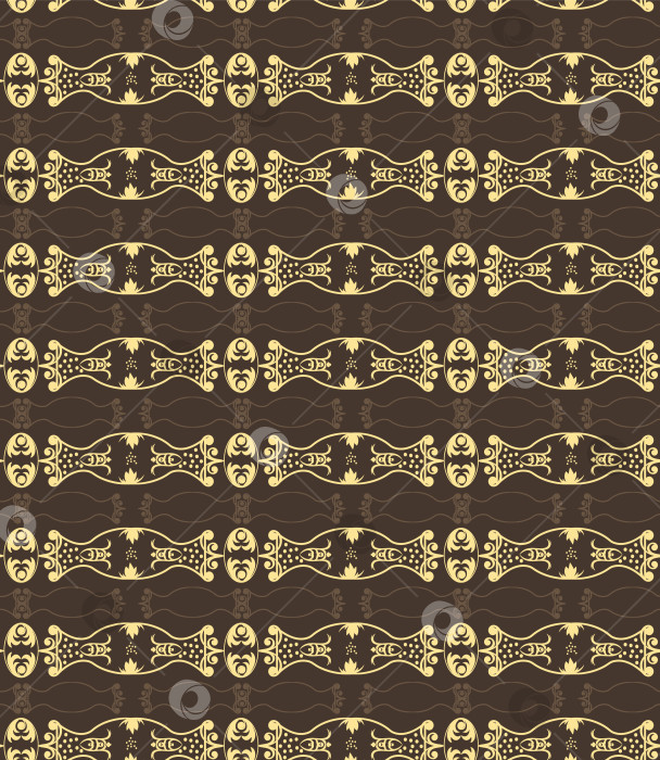 Скачать Векторные растительные формы желтого цвета на коричневом фоне образуют бесшовный узор, напоминающий древнерусские росписи. фотосток Ozero
