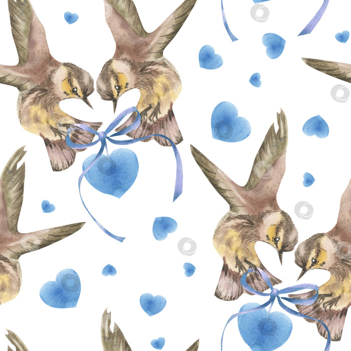 Скачать Романтический винтажный фоновый шаблон с акварельным кулоном в форме синего сердца и парой диких коричневых птиц, выполненных акварелью. Бесшовный рисунок в деревенском стиле с летящими птицами на день святого Валентина фотосток Ozero