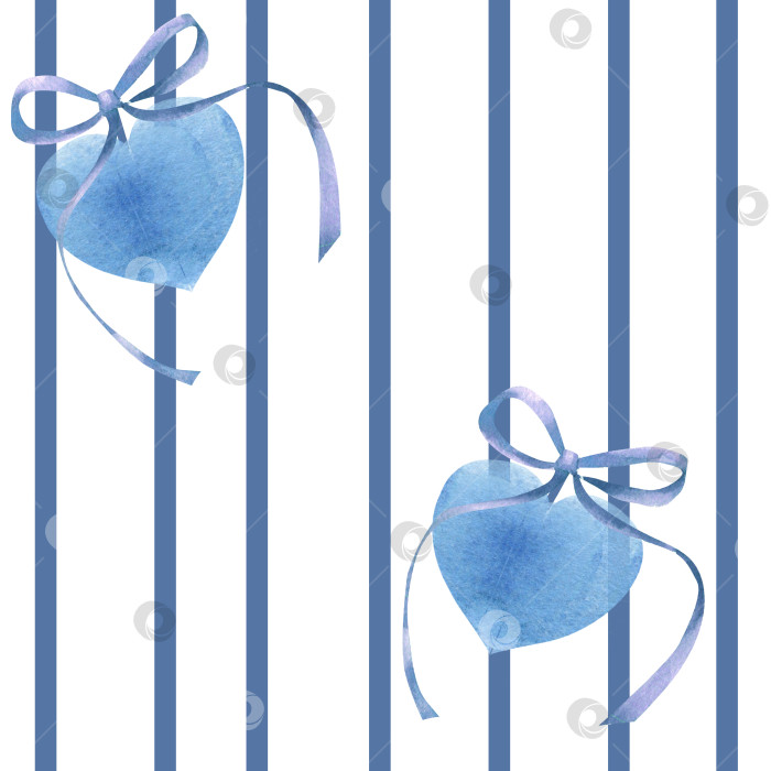 Скачать Синие сердечки с бантом на полосатом фоне, акварельный бесшовный узор. Нарисованный от руки геометрический фон с символом любви для романтического дизайна, открыток на день святого Валентина и свадьбу, текстильного дизайна фотосток Ozero