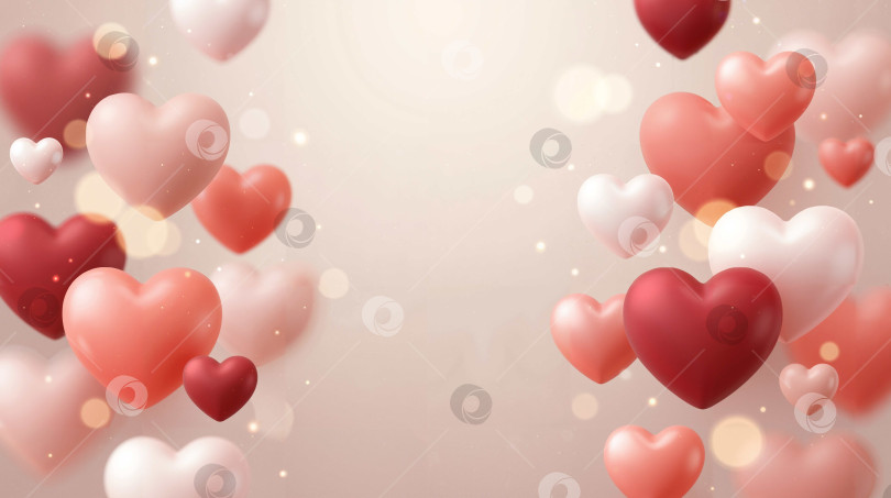 Скачать Красные и белые сердца с блёстками на размытом светлом фоне для поздравлений фотосток Ozero