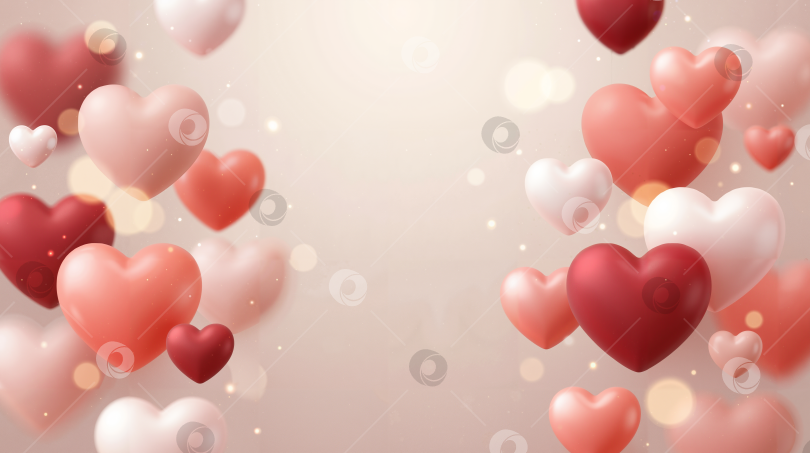 Скачать Красные и белые сердца с блёстками на размытом светлом фоне для поздравлений фотосток Ozero
