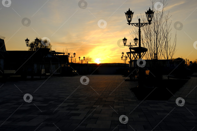 Скачать Силуэты фонарных столбов парка в лучах вечернего солнечного света. фотосток Ozero