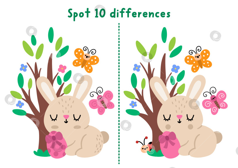 Скачать Пасхальная игра "найди отличия" для детей. Весеннее праздничное развивающее занятие с кроликом, который сидит с яйцом возле цветущего дерева. Милая головоломка для детей. Рабочий лист для печати, страница для развития логики и внимания фотосток Ozero