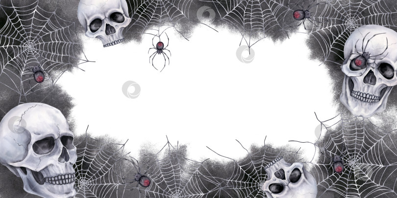 Скачать Мрачная прямоугольная рамка с черепами, паутиной и пауками на фоне темных акварельных пятен. фотосток Ozero