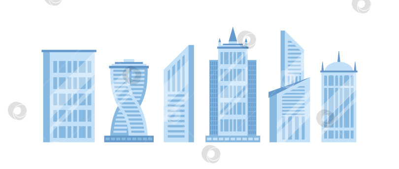 Скачать Комплекс современных многоэтажных зданий со стеклянными фасадами, садами на крышах, балконами и четкими геометрическими линиями на фоне ясного неба, минималистской палитрой и мягкими тенями. фотосток Ozero