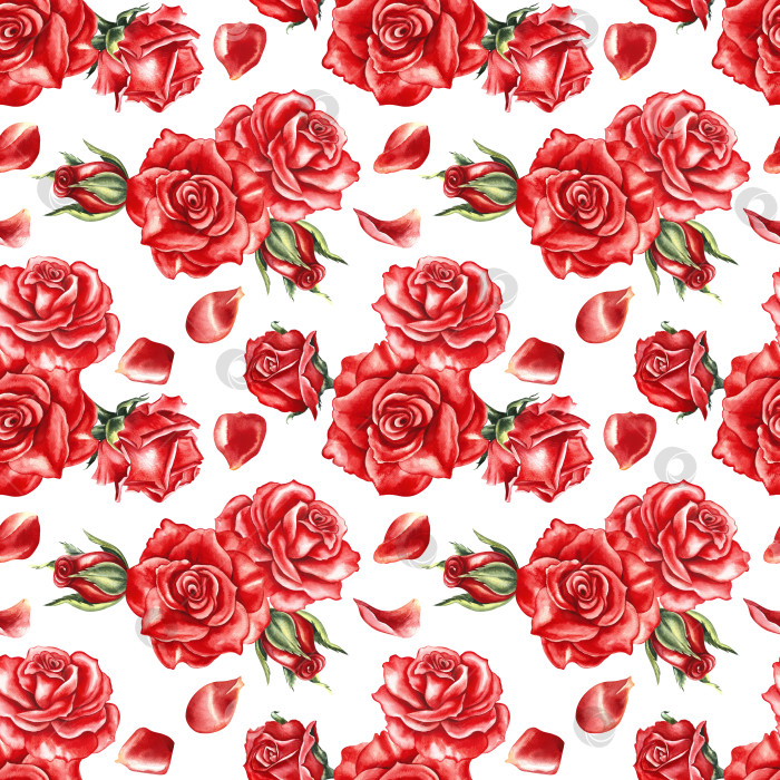 Скачать Бесшовный узор с красными розами. Ручная акварельная иллюстрация. Идеально подходит для оформления свадеб и Дней Святого Валентина. Также подходит для текстиля, оберточной бумаги, обоев, упаковки и многого другого. фотосток Ozero