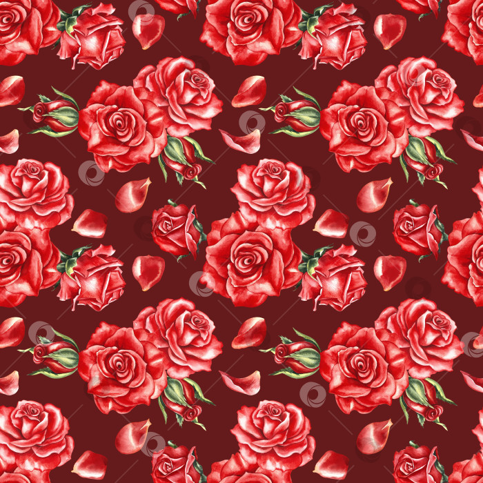 Скачать Бесшовный узор с красными розами. Ручная акварельная иллюстрация. Красивые красные розы на темном фоне. Идеально подходит для текстиля, оберточной бумаги, обоев, веб-дизайна, упаковки и многого другого. фотосток Ozero