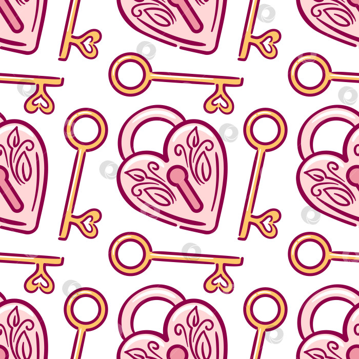 Скачать Бесшовный векторный узор из замков в форме сердца и винтажных ключей, переплетенный с нежными цветами и крошечными точками, романтичный, повторяющийся мотив, идеально подходящий для дизайна канцелярских принадлежностей, упаковки и тканей. фотосток Ozero