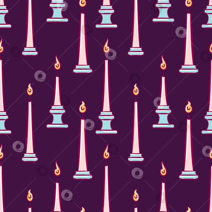 Скачать Бесшовный векторный узор из горящих розовых свечей с мерцающим пламенем и капельками, мягкие блики боке, романтичный повторяющийся мотив для упаковки, текстиля и канцелярских принадлежностей. фотосток Ozero