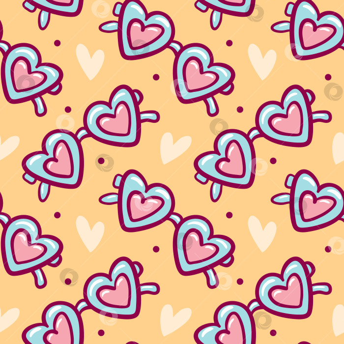 Скачать Бесшовный векторный рисунок солнцезащитных очков в форме сердца игривых цветов с конфетти и пальмовыми листьями, летняя ретро-атмосфера, чистый, готовый к повторению дизайн, идеально подходящий для текстиля, канцелярских принадлежностей и упаковки. фотосток Ozero