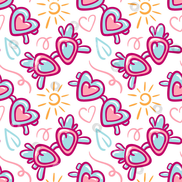 Скачать Бесшовный векторный рисунок солнцезащитных очков в виде клубники и сердечек, игривые цвета с крошечными зернышками и блестками, готовые к повторению для ткани и канцелярских принадлежностей. фотосток Ozero