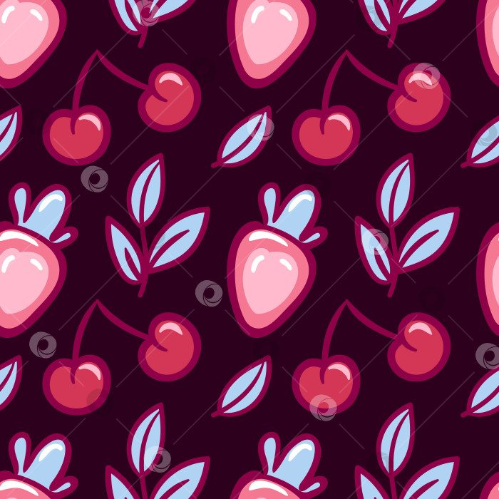 Скачать Бесшовный векторный узор из ярко-красной клубники и вишни с зелеными листьями и стеблями. Идеально подходит для создания фона, текстиля и принтов. Нежный и сочный летний дизайн. фотосток Ozero
