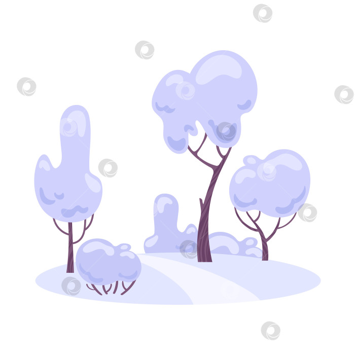 Скачать Зимний пейзаж в фиолетовых тонах с заснеженными деревьями и мягким сумеречным небом - спокойная, минималистичная векторная сцена для безмятежного сезонного декора. фотосток Ozero