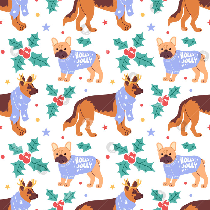 Скачать Бесшовный рисунок собаки на рождественских свитерах и шарфах, Холли. Овчарка и французский бульдог. игривая поза, яркие цвета, четкие векторные линии, праздничные огни. фотосток Ozero