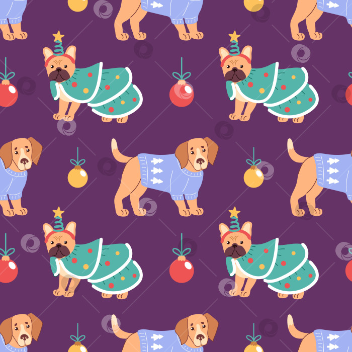 Скачать веселый бесшовный узор с изображением бульдога в костюме рождественской елки и бигля в уродливом свитере, окруженных праздничными украшениями. фотосток Ozero