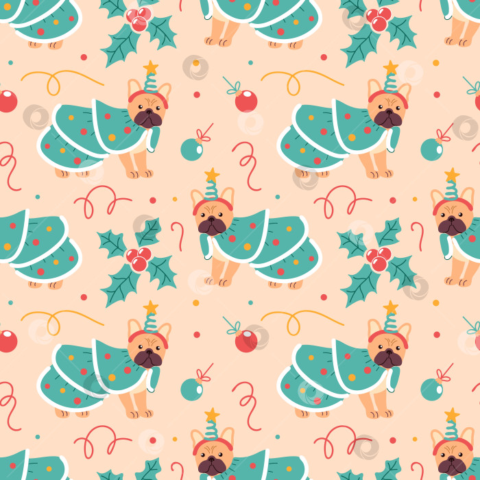 Скачать Французский бульдог, одетый как рождественская елка, в многослойной зеленой юбке, украшениях и шляпе со звездой, четкие векторные линии, бесшовный узор, идеально подходящий для праздничного оформления. фотосток Ozero