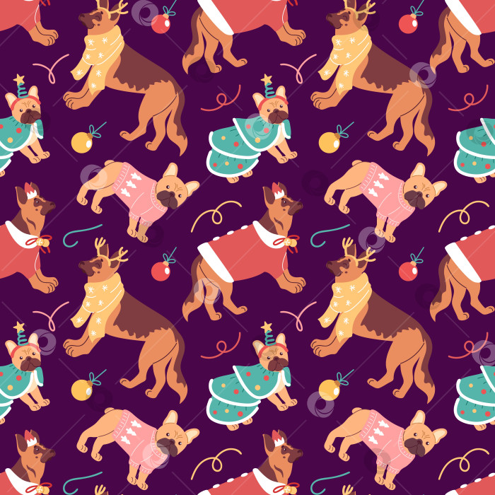 Скачать Бесшовный векторный узор с изображением веселых собак в рождественских костюмах, шапках Санта Клауса, оленьих рогах, шарфах и праздничных свитерах на фоне праздника фотосток Ozero