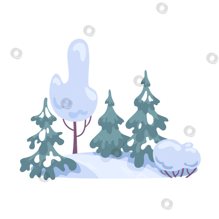 Скачать Зимний пейзаж с заснеженными елями, пологими холмами, бледным небом, покрытыми инеем ветвями и разбросанными сосновыми шишками - спокойная, минималистичная векторная композиция в прохладной бело-голубой гамме фотосток Ozero