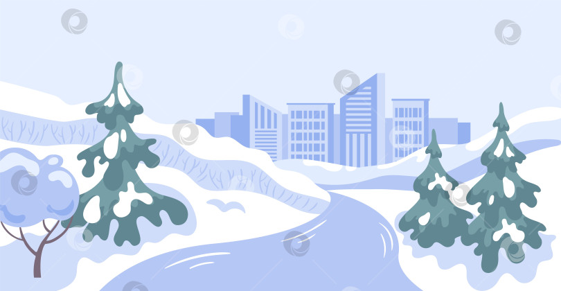 Скачать Зимний пейзаж с елями, извилистой рекой и далеким горизонтом большого города - простые векторные линии, минимальная цветовая палитра из холодных синих и белых оттенков, спокойная и экспансивная. фотосток Ozero