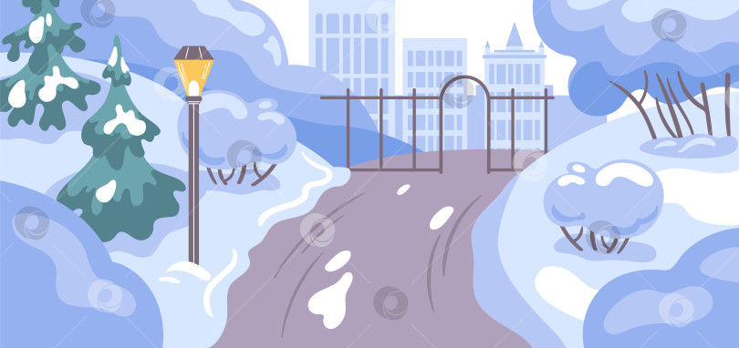 Скачать Зимний городской парк в сумерках, покрытые снегом дорожки, освещенные фонарные столбы, ели и деревья без листьев, далекие небоскребы в векторном стиле фотосток Ozero