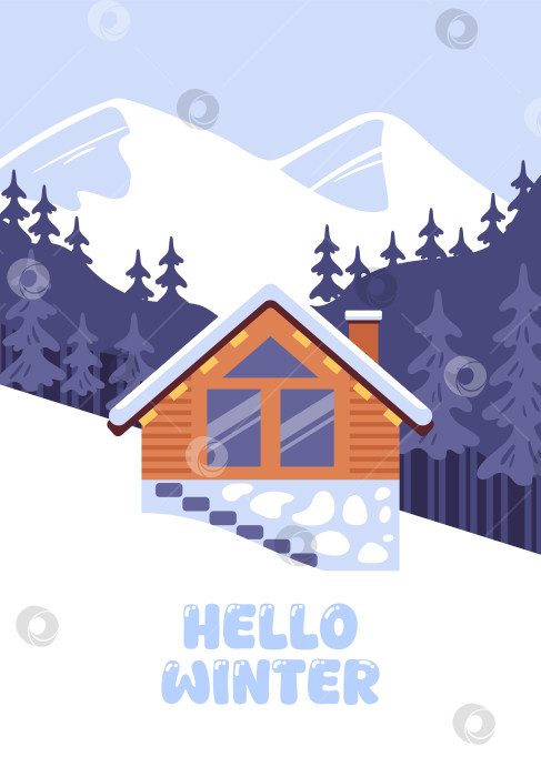 Скачать Зимний пейзаж с горами, шале и лесом, чистые векторные линии, утонченный синий и белый цвета, уютное деревенское очарование. фотосток Ozero