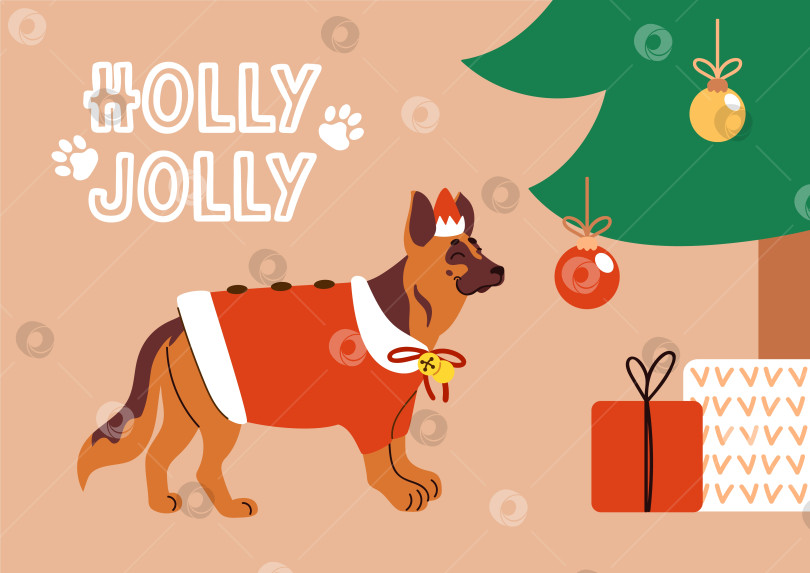 Скачать Холли веселая праздничная немецкая овчарка в красном костюме Санты и шляпе на рождественской елке с подарками фотосток Ozero