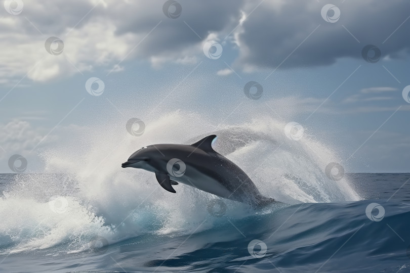 Скачать Дельфины играют у берега, выпрыгивая из воды с брызгами воды и песка, генерируемыми искусственным интеллектом фотосток Ozero