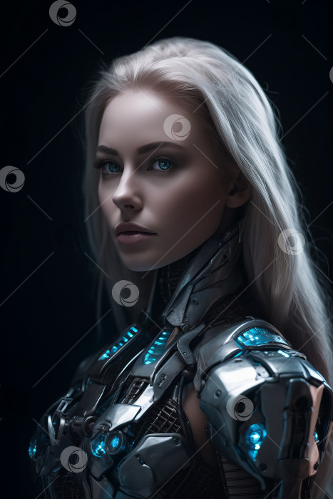 Скачать Портрет работа киборга с внешностью красивой блондинки с голубыми глазами полностью сгенерирована искусственным интеллектом фотосток Ozero