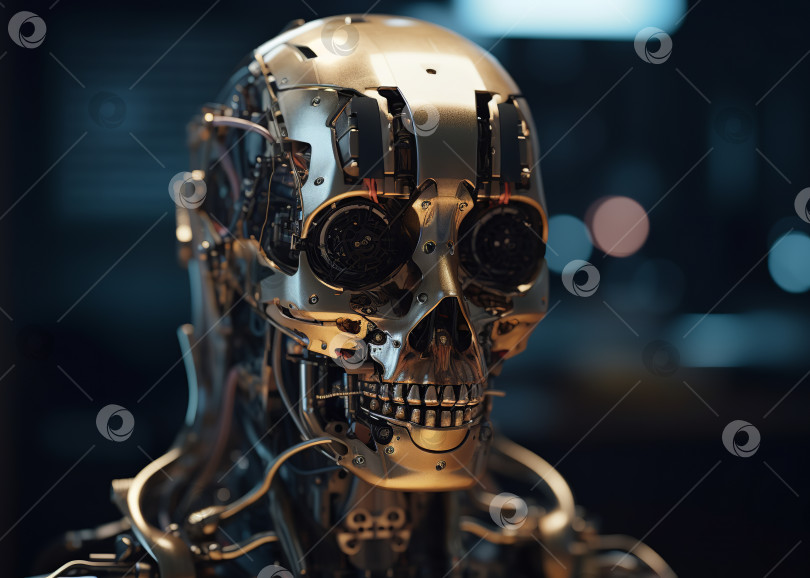 Скачать Металлический скелет головы робота-киборга крупным планом, сгенерированный искусственным интеллектом фотосток Ozero