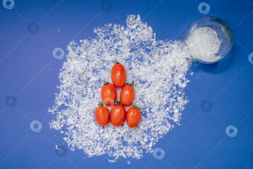 Скачать Красный помидор овощ черри на снегу сугроб Новогодняя елка натюрморт фотосток Ozero