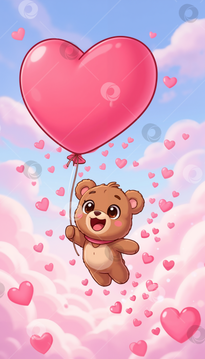 Скачать Мультяшный стиль. Милый медвежонок с воздушным шаром-сердцем и летящими сердечками на фоне неба и облаков фотосток Ozero
