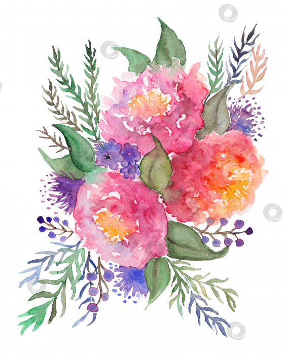 Скачать Нарисованная акварелью от руки розовая роза пион цветы и листья цветочная композиция букет изолированное искусство фотосток Ozero