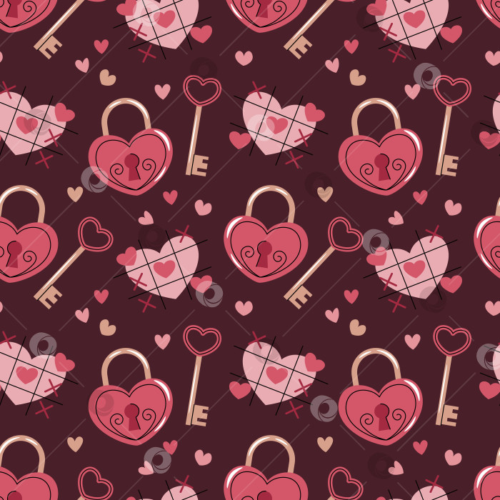 Скачать Бесшовный Узор С Замком В Форме Сердца И Ключом В Плоском Стиле. Текстура "Секрет Любви Ко Дню Святого Валентина" Для Ткани, Фона, Упаковки, Обоев И Дизайна Поверхностей. Раскройте Концепцию Сердца. фотосток Ozero