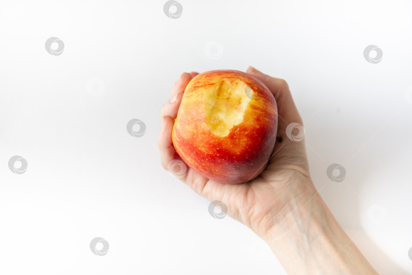 Скачать В руке надкушенное яблоко со следами крови. фотосток Ozero
