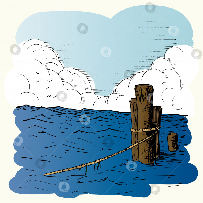 Скачать Морской пейзаж. Нарисованная от руки иллюстрация в стиле эскиза. Темно-синее море, волны и небо. Вектор фотосток Ozero