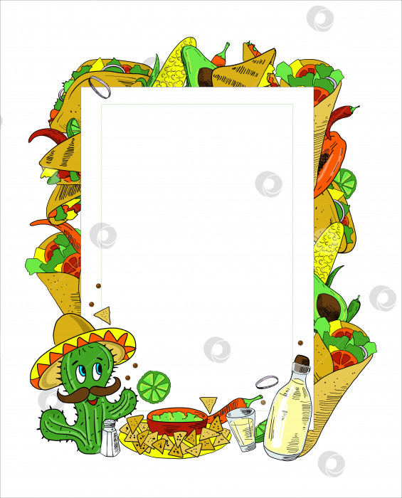 Скачать Мексиканская кухня. Рамка с иллюстрациями мультяшных эскизов. Набор векторов фотосток Ozero