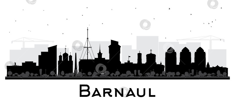 Скачать Силуэт Барнаула на фоне городского пейзажа с черными зданиями, выделяющимися на белом фоне. Городской пейзаж Барнаула с достопримечательностями. Концепция деловых поездок и туризма с современной и исторической архитектурой. фотосток Ozero