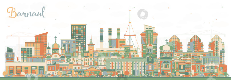 Скачать Городской пейзаж Барнаула, Россия, с цветными зданиями. Городской пейзаж Барнаула с достопримечательностями. Концепция деловых поездок и туризма с современной и исторической архитектурой. фотосток Ozero