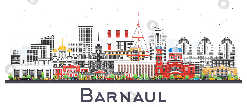 Скачать Городской пейзаж Барнаула, Россия, с цветными зданиями, выделяющимися на белом фоне. Городской пейзаж Барнаула с достопримечательностями. Концепция деловых поездок и туризма с современной и исторической архитектурой. фотосток Ozero