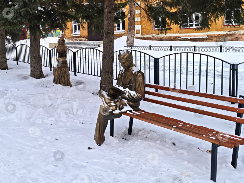 Скачать Скульптура, мужчина читает книгу в парке на лавочке зимой. Село в Алтайском крае. Скульптура: мужчина читает книгу в парке на скамейке зимой. фотосток Ozero