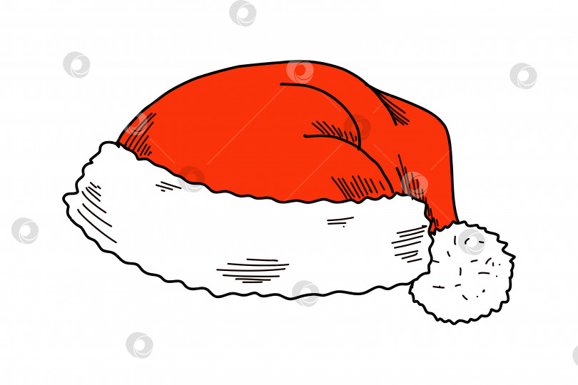 Скачать Рождественская шляпа. Красная шапочка с белым пушистым шариком на кончике. Забавный наряд для новогодней вечеринки. Векторный эскиз, нарисованный от руки. фотосток Ozero